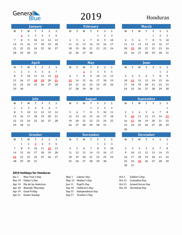 Honduras 2019 Calendar with Holidays