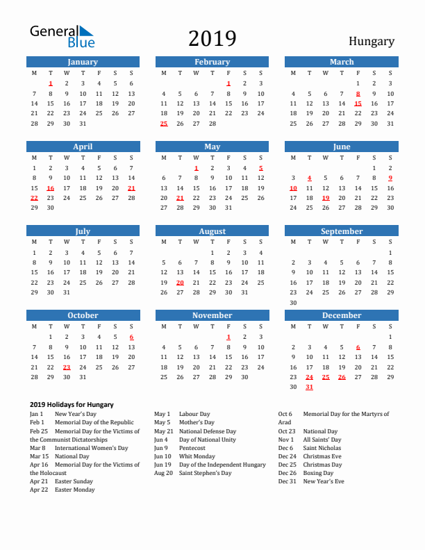 Hungary 2019 Calendar with Holidays