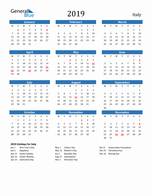 Italy 2019 Calendar with Holidays