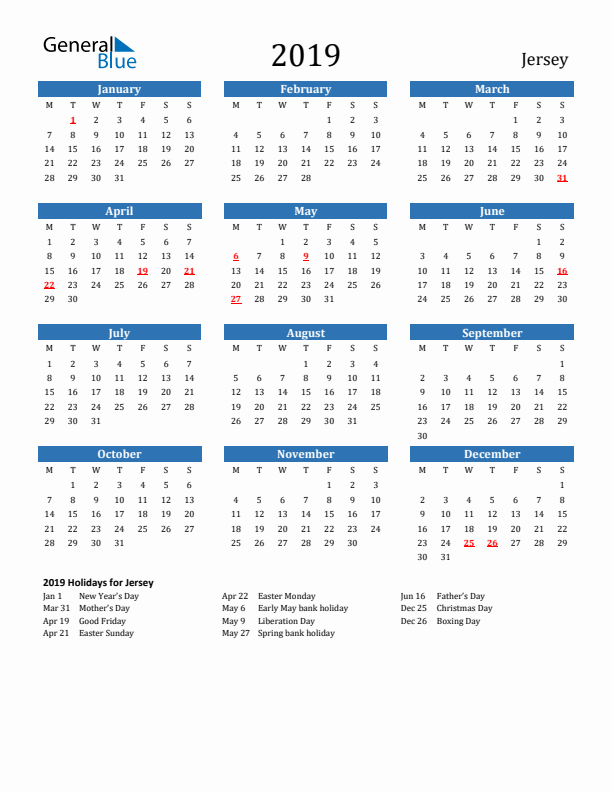 Jersey 2019 Calendar with Holidays