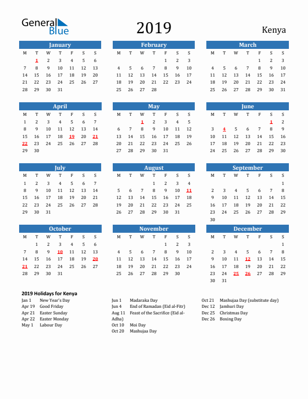 Kenya 2019 Calendar with Holidays