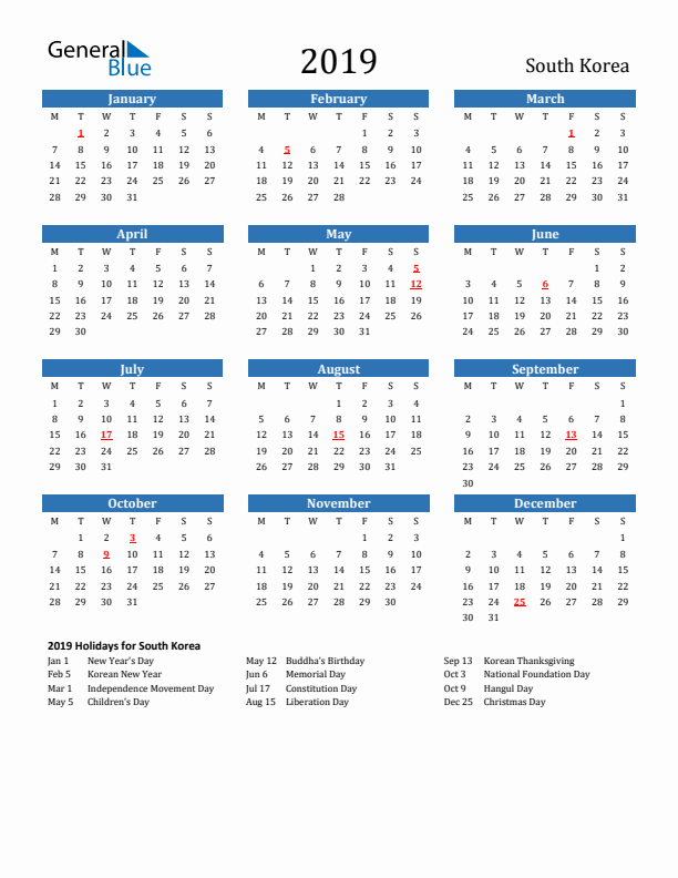 South Korea 2019 Calendar with Holidays