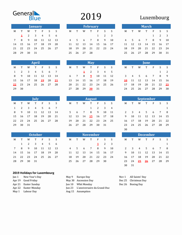 Luxembourg 2019 Calendar with Holidays
