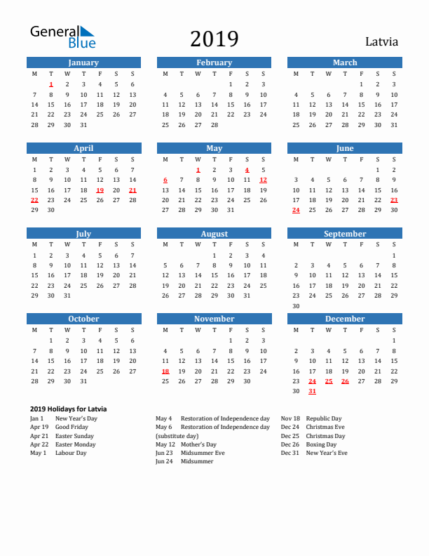 Latvia 2019 Calendar with Holidays