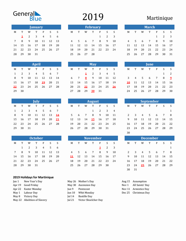 Martinique 2019 Calendar with Holidays