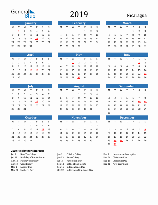 Nicaragua 2019 Calendar with Holidays