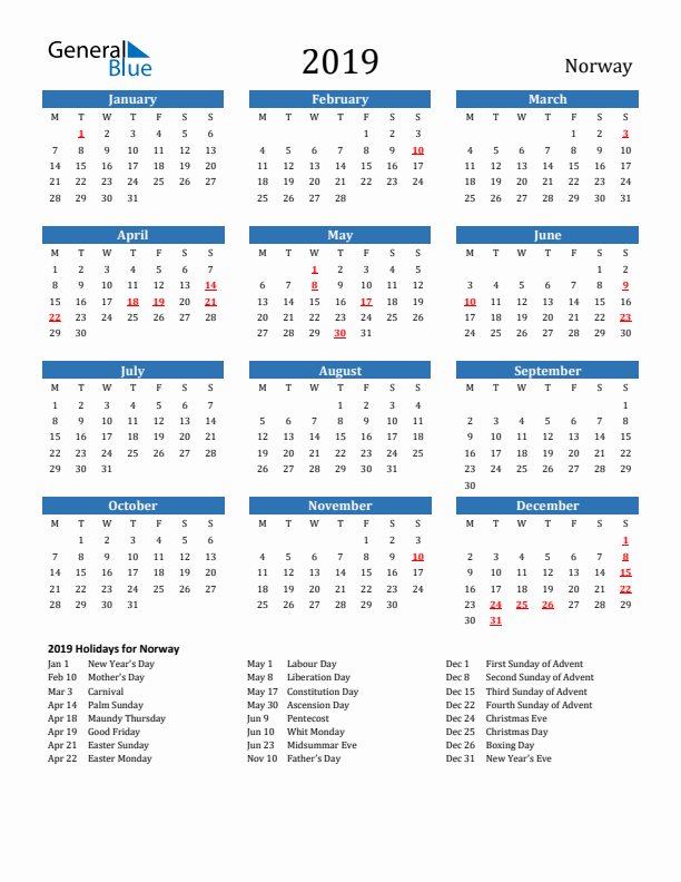 Norway 2019 Calendar with Holidays