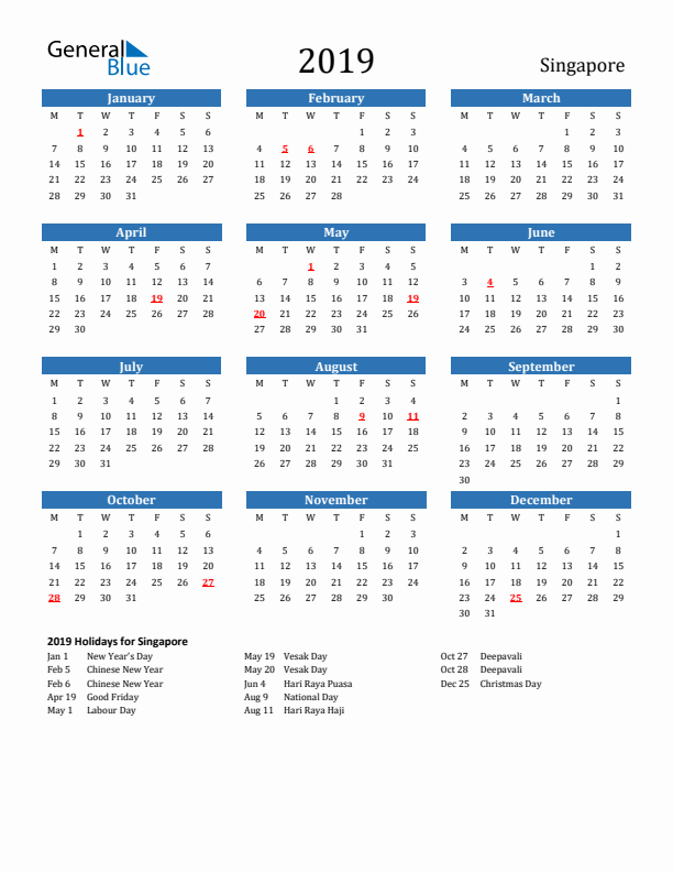 Singapore 2019 Calendar with Holidays