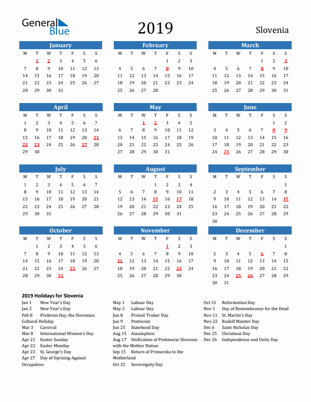 Slovenia 2019 Calendar with Holidays