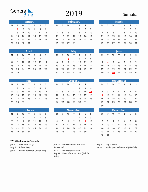 Somalia 2019 Calendar with Holidays