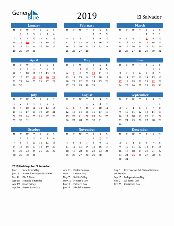 El Salvador 2019 Calendar with Holidays