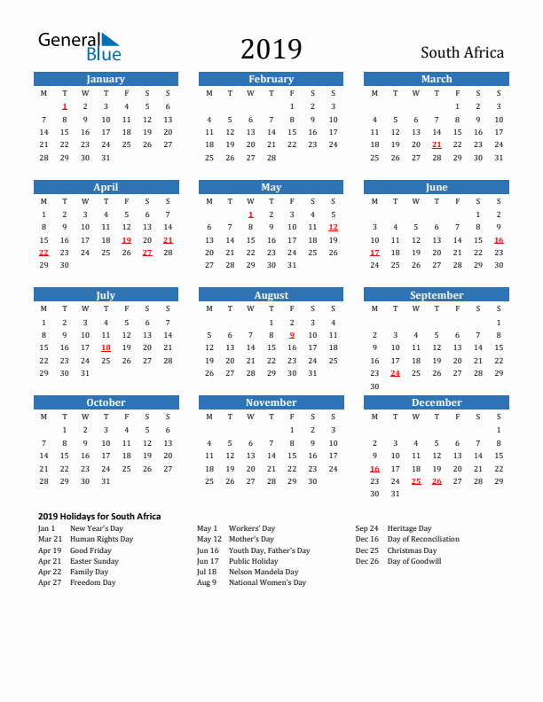 South Africa 2019 Calendar with Holidays