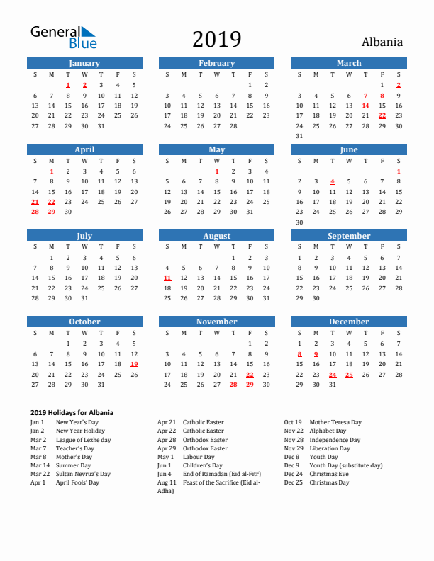 Albania 2019 Calendar with Holidays