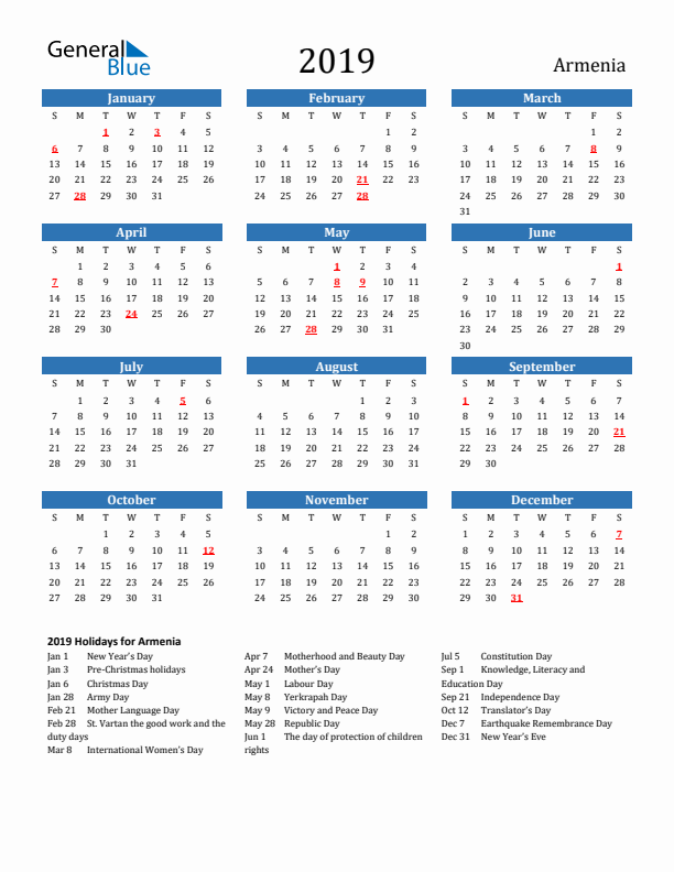 Armenia 2019 Calendar with Holidays