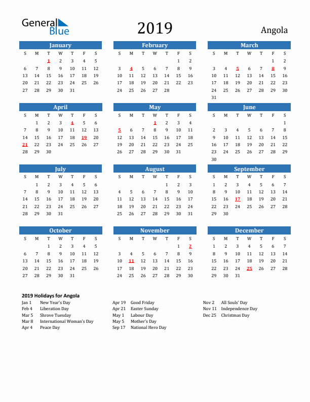 Angola 2019 Calendar with Holidays