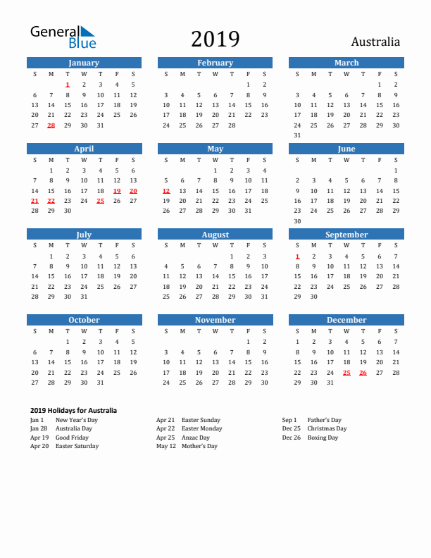 Australia 2019 Calendar with Holidays
