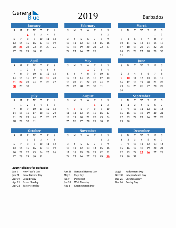 Barbados 2019 Calendar with Holidays