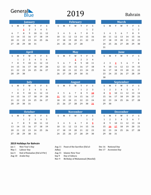 Bahrain 2019 Calendar with Holidays