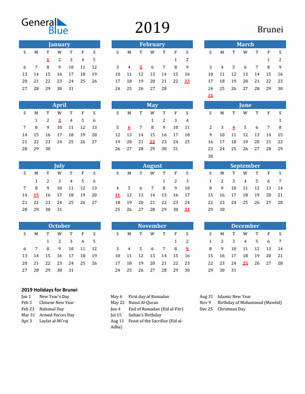 Brunei 2019 Calendar with Holidays