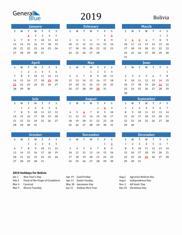 Bolivia 2019 Calendar with Holidays
