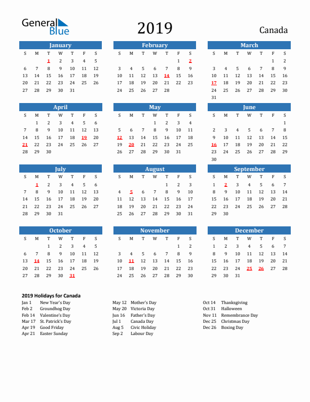 Canada 2019 Calendar with Holidays