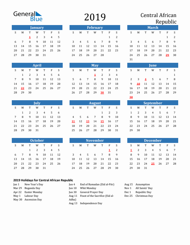 Central African Republic 2019 Calendar with Holidays