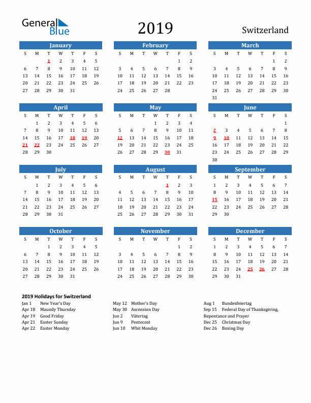 Switzerland 2019 Calendar with Holidays