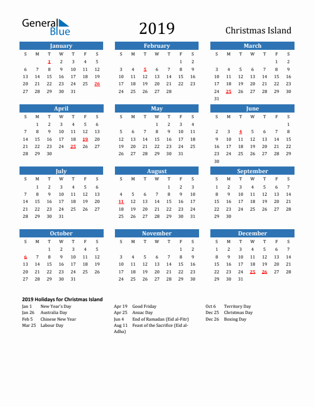 Christmas Island 2019 Calendar with Holidays