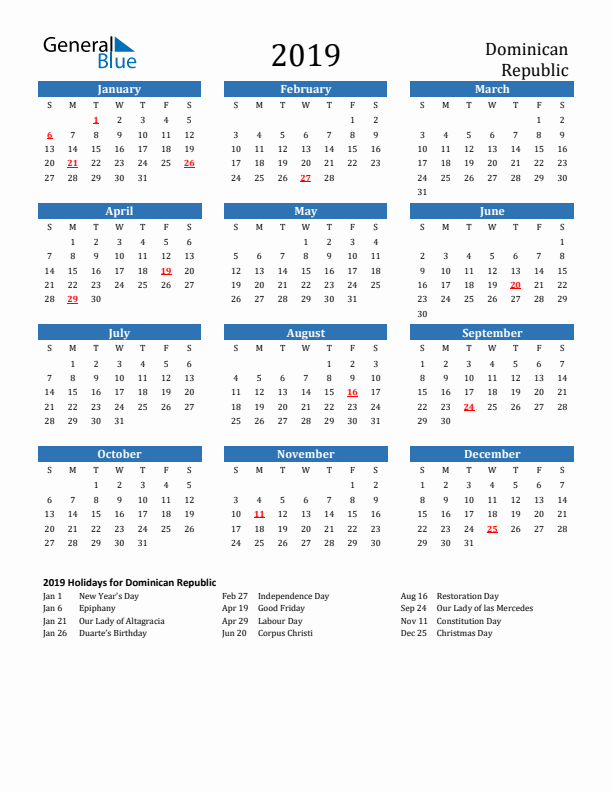 Dominican Republic 2019 Calendar with Holidays