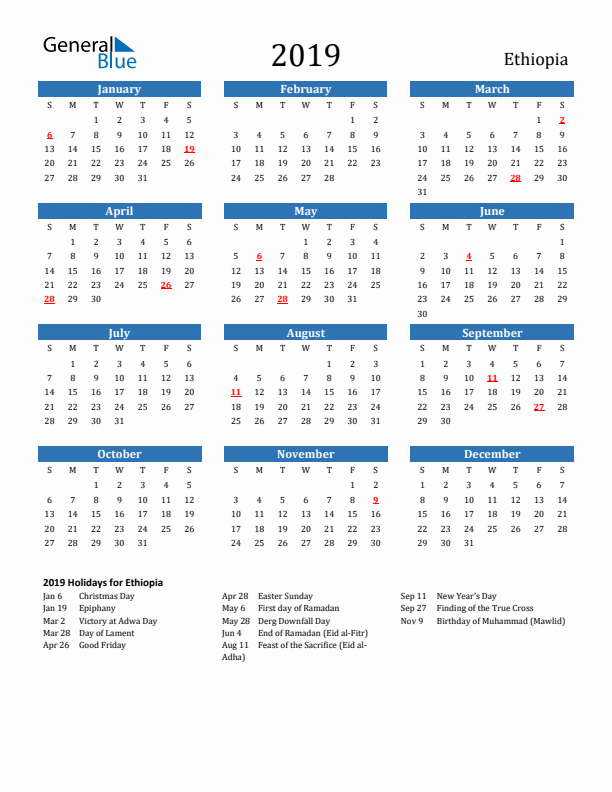 Ethiopia 2019 Calendar with Holidays