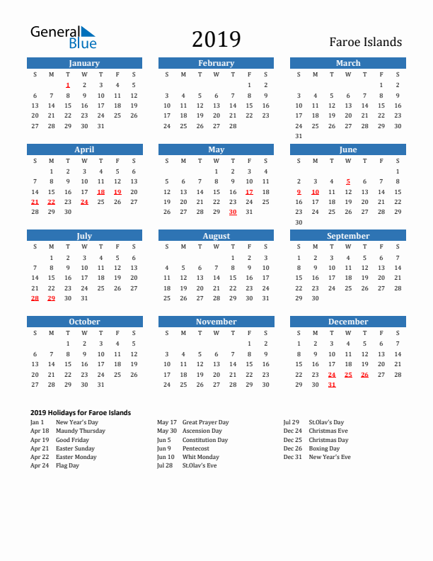 Faroe Islands 2019 Calendar with Holidays