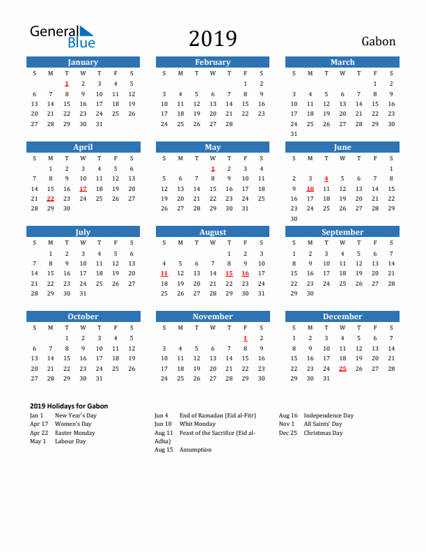 Gabon 2019 Calendar with Holidays