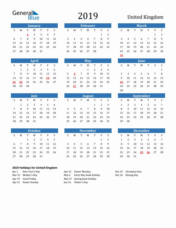United Kingdom 2019 Calendar with Holidays