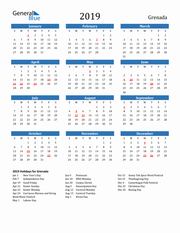 Grenada 2019 Calendar with Holidays