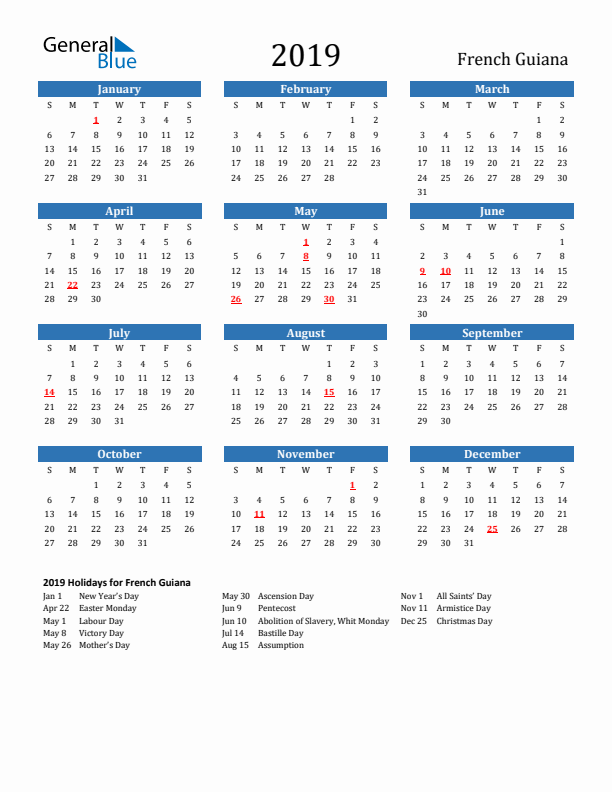 French Guiana 2019 Calendar with Holidays