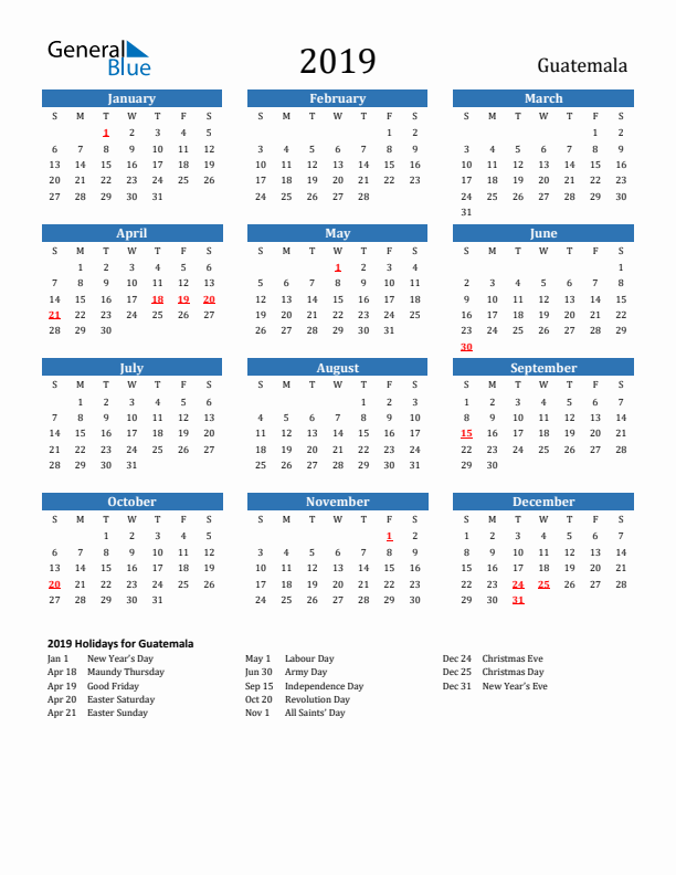 Guatemala 2019 Calendar with Holidays