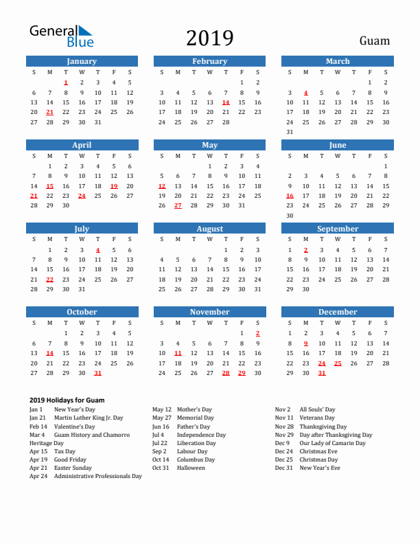 Guam 2019 Calendar with Holidays
