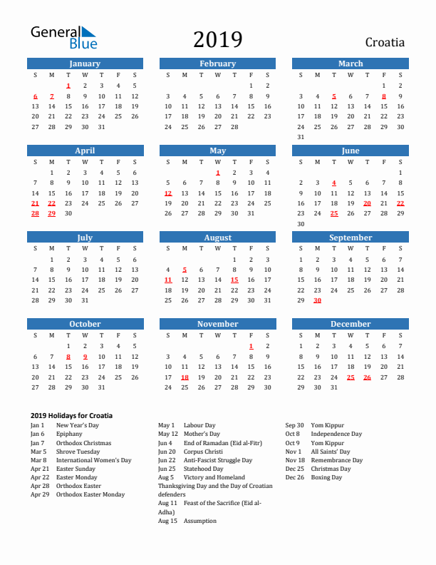 Croatia 2019 Calendar with Holidays