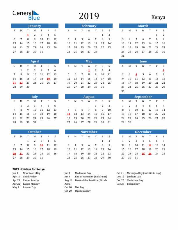 Kenya 2019 Calendar with Holidays