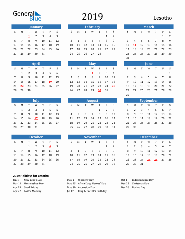 Lesotho 2019 Calendar with Holidays