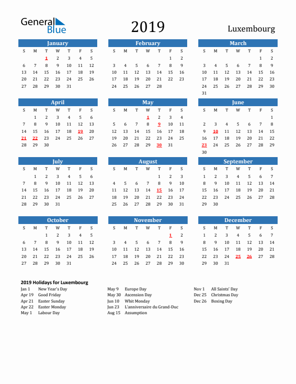Luxembourg 2019 Calendar with Holidays