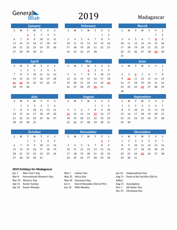 Madagascar 2019 Calendar with Holidays