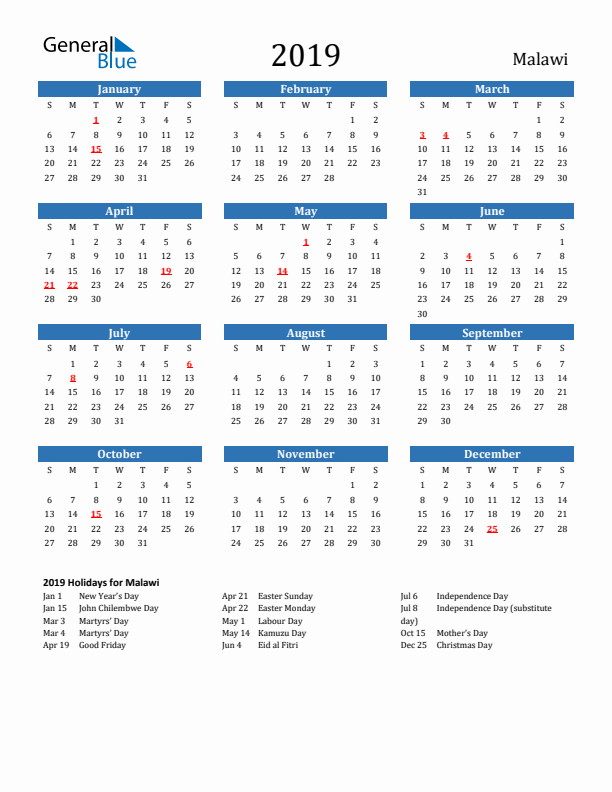 Malawi 2019 Calendar with Holidays