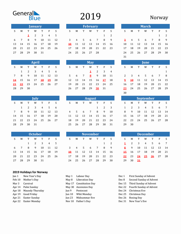 Norway 2019 Calendar with Holidays