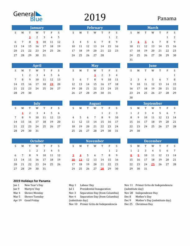 Panama 2019 Calendar with Holidays