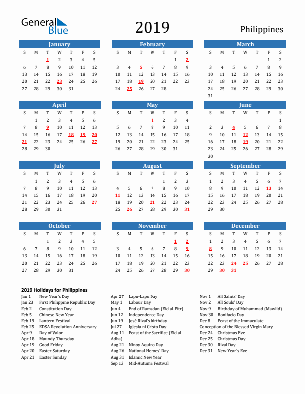 Philippines 2019 Calendar with Holidays