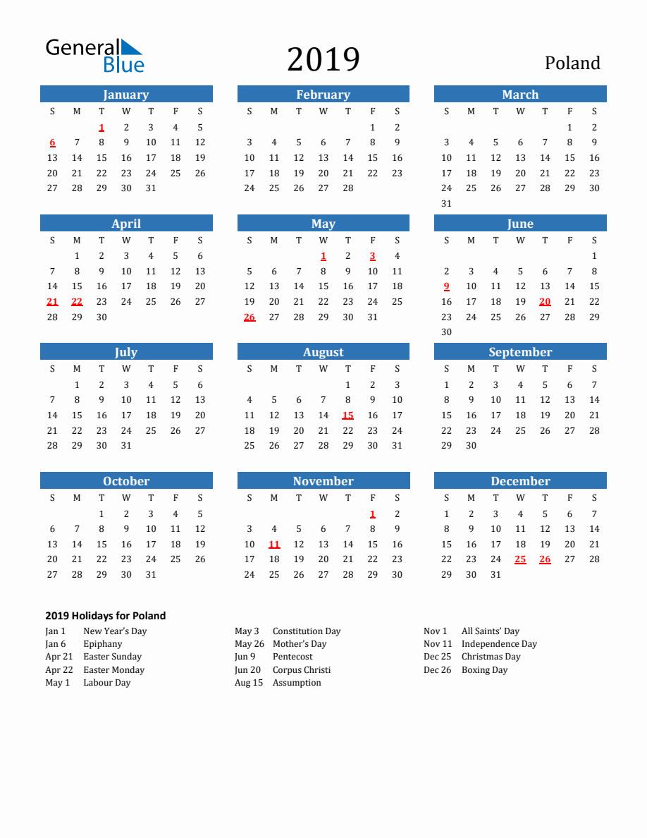 Poland 2019 Calendar with Holidays