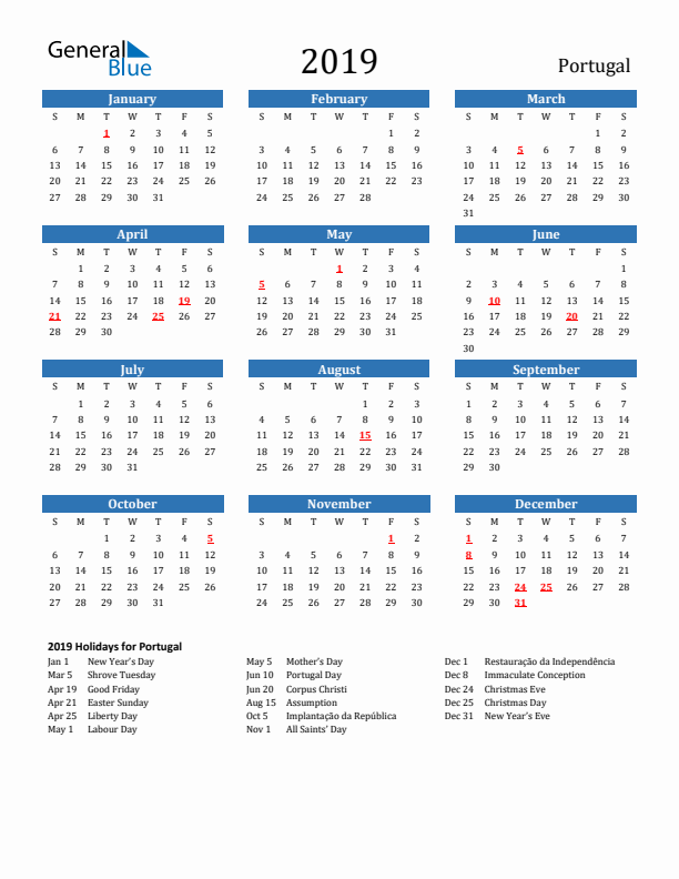Portugal 2019 Calendar with Holidays
