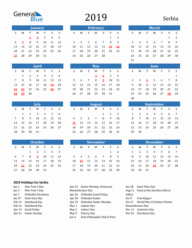 Serbia 2019 Calendar with Holidays