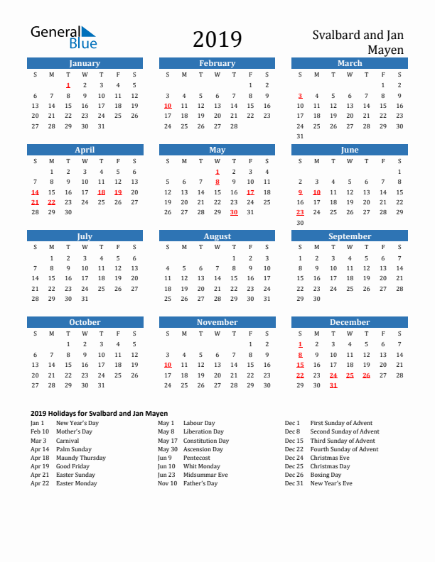 Svalbard and Jan Mayen 2019 Calendar with Holidays